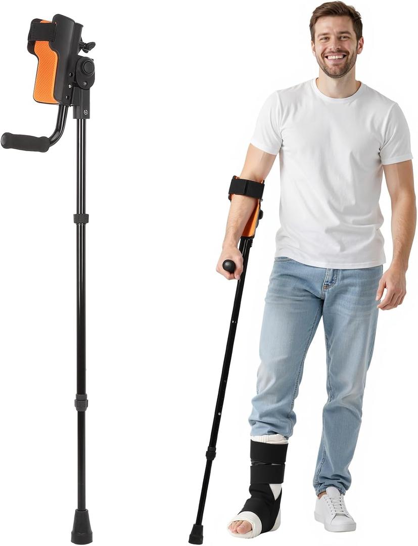 Dyna-Living Ergonomic Forearm Crutches for Adults Adjustable Forearm Rotates 10-90 Degrees, Walking Crutch with Anti-Drop Cuff, 10-Level Adjustable Height, Folding Crutch for Travel (Single Unit)