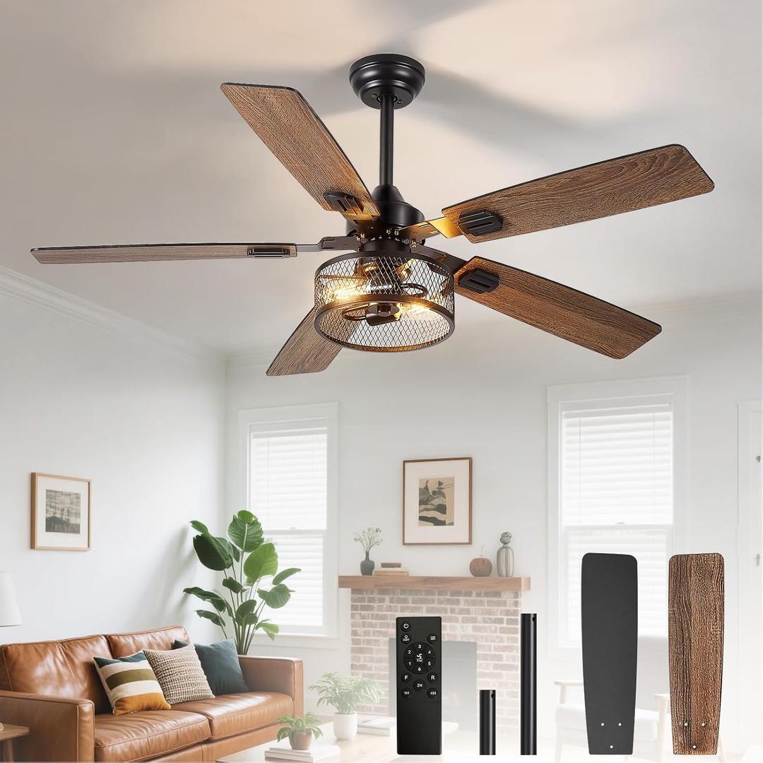 Depuley 52-Inch Ceiling Fans with Lights: Caged Ceiling Fans Dual Finish 5 Blades - Farmhouse Ceiling Fan with Remote Control for Rustic Living Room Outdoor Patio Reversible (Black Walnut)