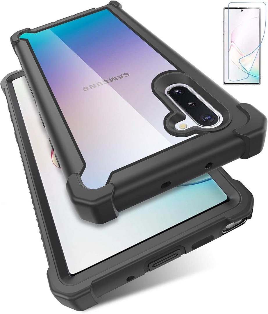 Case for Samsung Galaxy Note 10 Case with Screen Protector, Full Body Protective Hybrid Dual Layer Shockproof Acrylic Back Case Cover for Galaxy Note 10 5G 6.3 inch (Black)