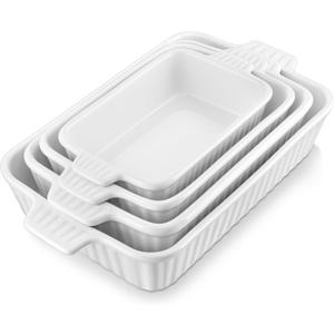 MALACASA Casserole Dishes for Oven, Porcelain Baking Dishes, Ceramic Bakeware Sets of 4, Rectangular Lasagna Pans Deep with Handles for Baking Cake Kitchen, White (9.4"/ 11.1"/ 12.2"/ 14.7"), Series
