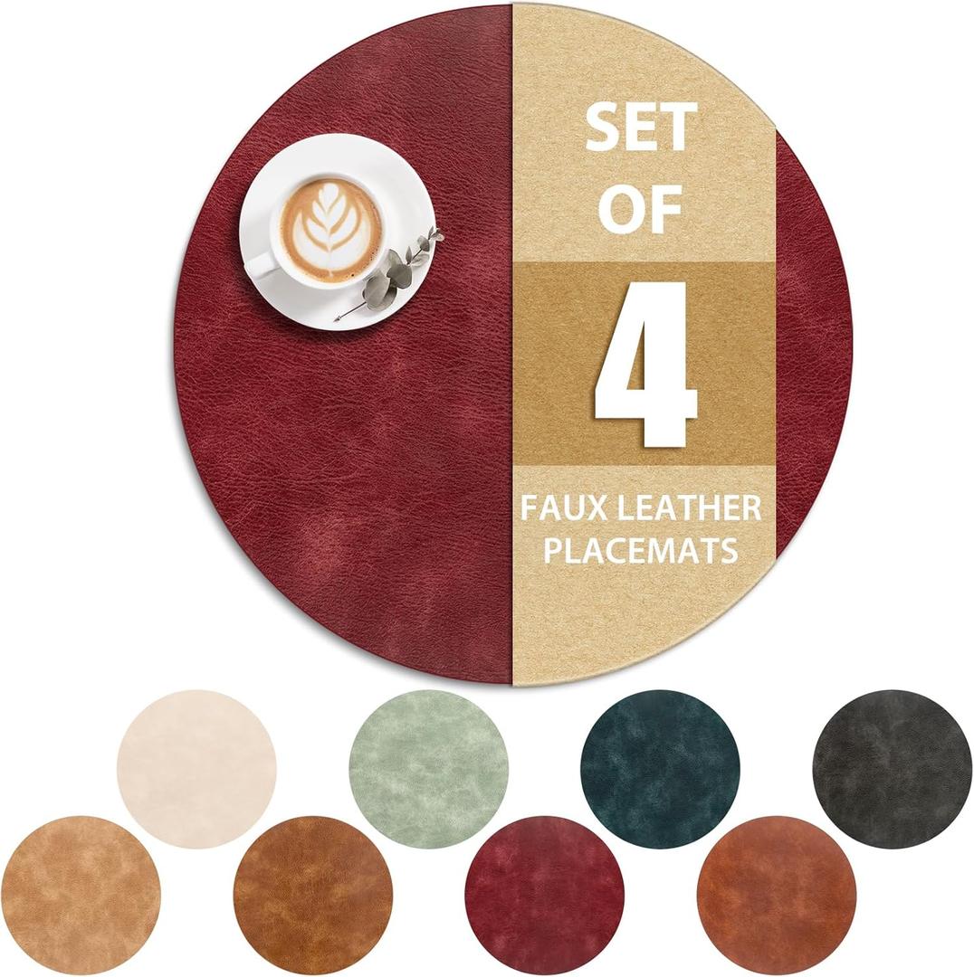 ADRIMER Placemats, Heat Resistant Round Placemats Set of 4 Washable, Waterproof Table Mats, Wipeable Faux Leather Place Mats for Kitchen, Dining Room, Wine Red