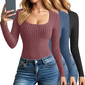 3 Pack Women's Long Sleeve Tops, Scoop Neck Ribbed Knit Shirt Slim Fit Pullover Sweater Casual Basic Thermal Shirt (Large, Black, Navy Blue, Burgundy)