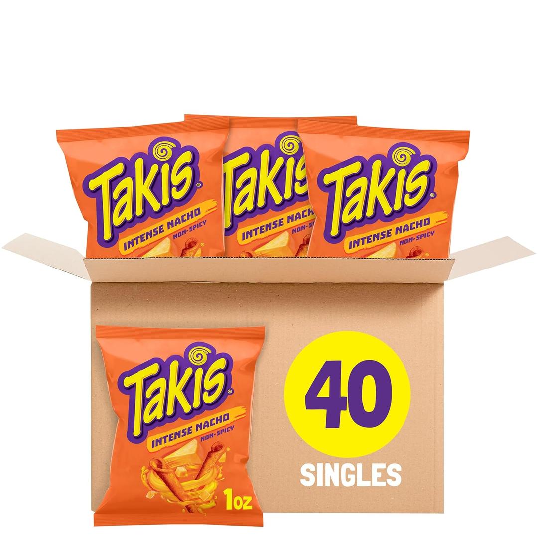 Takis Intense Nacho 40 pc / 1 oz Multipack - Cheddar Cheese Flavored Non-Spicy Rolled Tortilla Chips - Individual Bags, Perfect for Tailgates, Parties, Lunchboxes or Lunches BB Date Mar 26