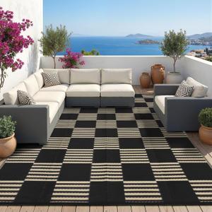 Garvee Waterproof Outdoor Rug 9x12, Checkered Foldable Plastic Straw Patio Camping Rug, Outdoor RV Carpet for Deck Camper Porch Balcony Backyard Picnic Beach Black and Brown