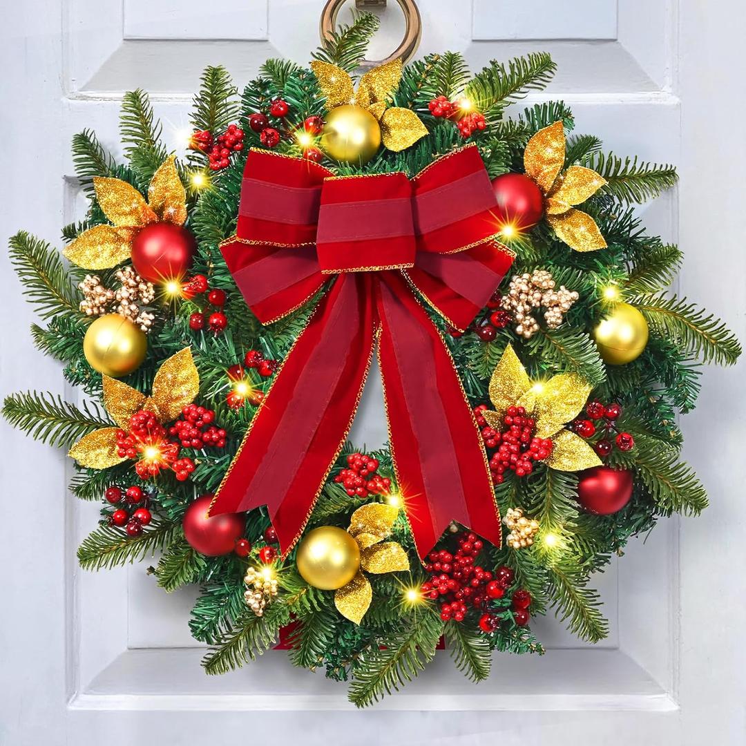 Yastouay 22" Christmas Wreaths for Front Door, Christmas Wreath with Lights Bow Christmas Ball Ornaments, Berries & Sparkling Leaves, Christmas Door Wreath for Home Wall Window Indoor Outdoor Decor (1 Pack, Green Red & Gold)