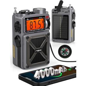 Digital Shortwave Radio with Bluetooth 5.4,AM/FM/SW with NOAA Weather Alert, 4000mAh Emergency Radio Hand Crank Solar,5W Speaker/SOS/Flashlight/Support SD Card USB MP3 Player for Emergency