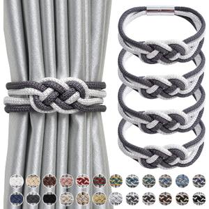 NICEEC 4 Pack Strong Magnetic Curtain Tiebacks Upgrade Nordic Style Drape Tie Backs Double Color Weave Rope Knot Decorative Curtain Holdbacks for Home & Office Window Drapery (Dark Grey & White)