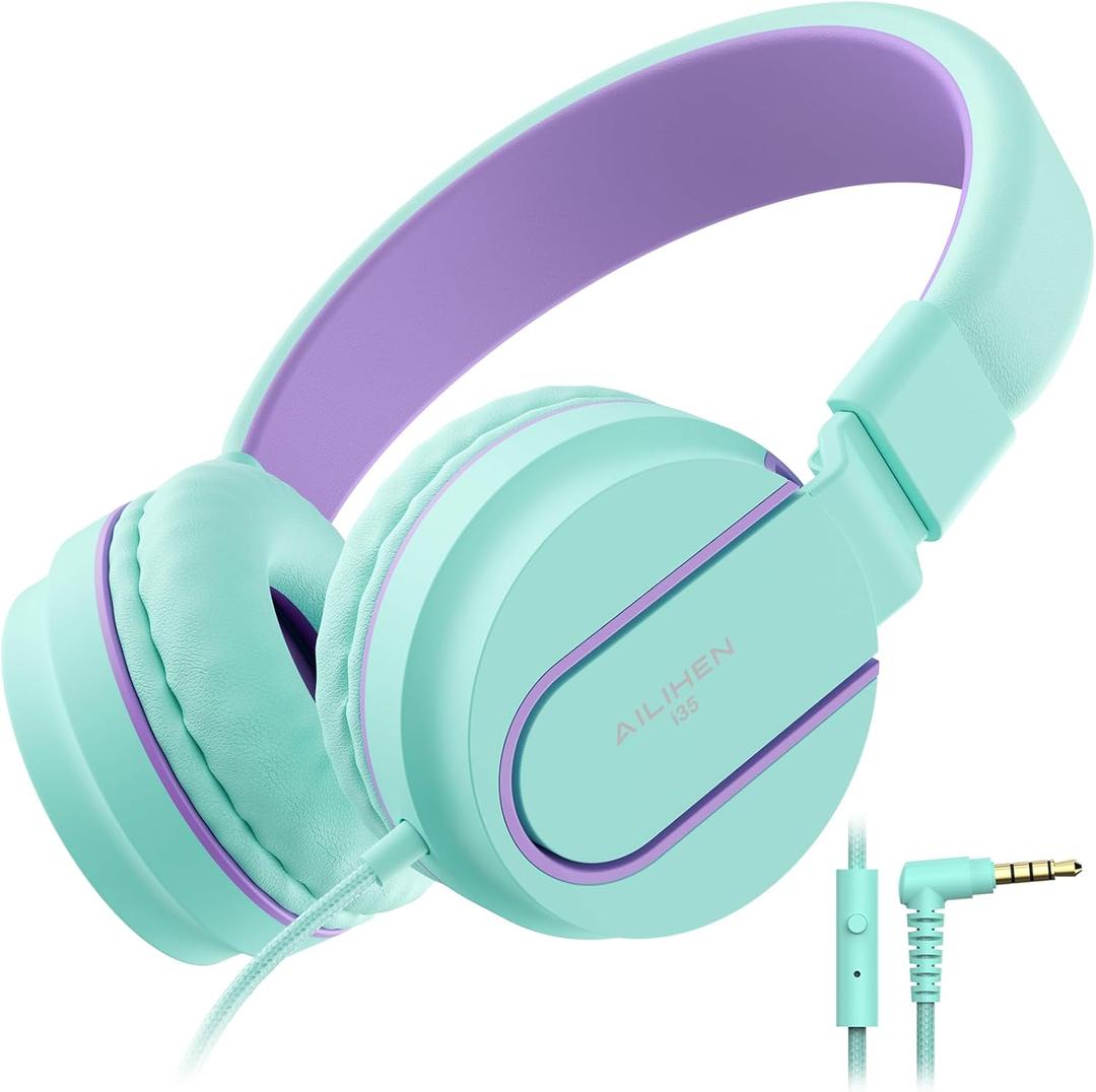 Kids Headphones, AILIHEN I35 On-Ear Headphones for School, 93dB HD Mic Stereo Headphone for Kid Girls Children, Foldable Wired 3.5mm for Chromebook, Laptop, Computer, Tablet (Green Purple) (Blue)