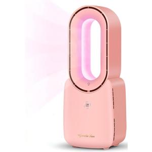 Misby Rechargeable Bladeless Desk Fan, 11.8 Inch with 5-Color LED Light, Small Quiet Table Fan for Bedroom Home Office Desk, Pink