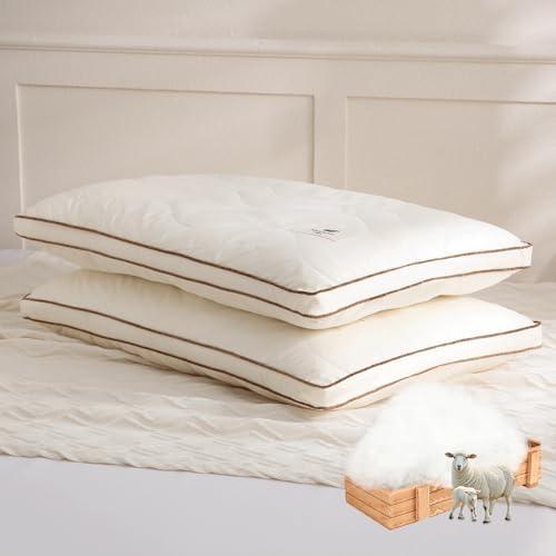 YOUR MOON Soft Organic Wool Pillow Queen Size Set of 2, Flat & Thin Wool Pillow for Sleeping, Low-Loft Bed Pillows for Back and Stomach Sleepers, Breathable Soft Cotton Cover(Off White)