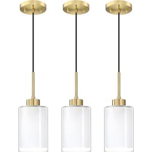 3 Pack 1 Light Indoor Hanging Kitchen Island Pendant Light 4.75 Inch Clear Frosted Glass Chandelier Shade Fixture,Brushed Bronze Finish for Bar,Dining Room Over Sink