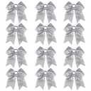 DEEKA 12 PCS 7" Large Glitter Cheer Bows Shiny Cheer Hair Bows Ponytail Holder Handmade for Cheerleader Girls Softball Sports -Silver