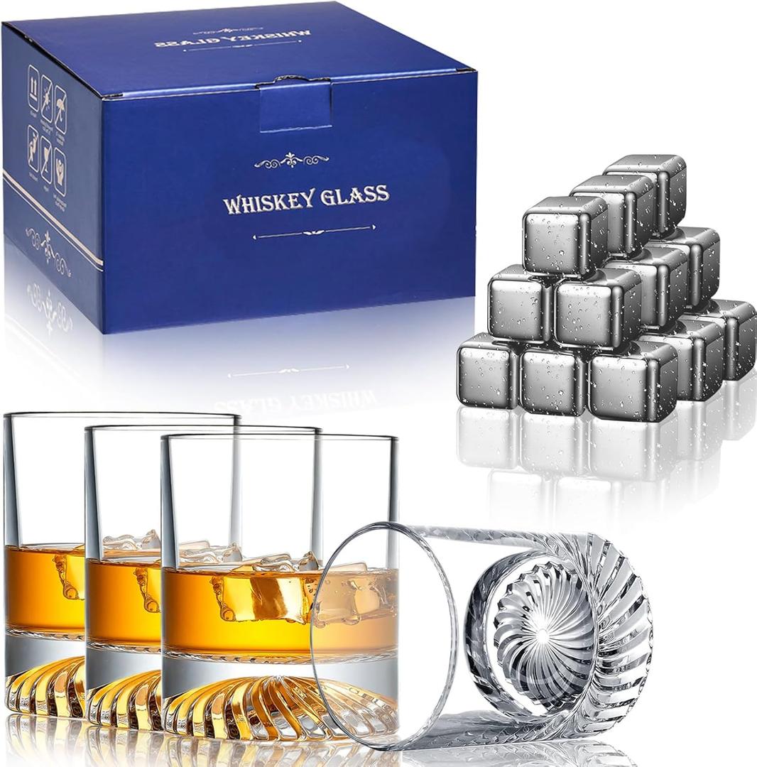 Whiskey Glasses,4 Old Fashioned Glasses Set with 16 Stainless Steel Ice Cubes,10oz Whiskey Rocks Glasses Gift for Men,Bourbon Tumbler for Scotch Whisky Cognac,Rock Barware at Bar Home