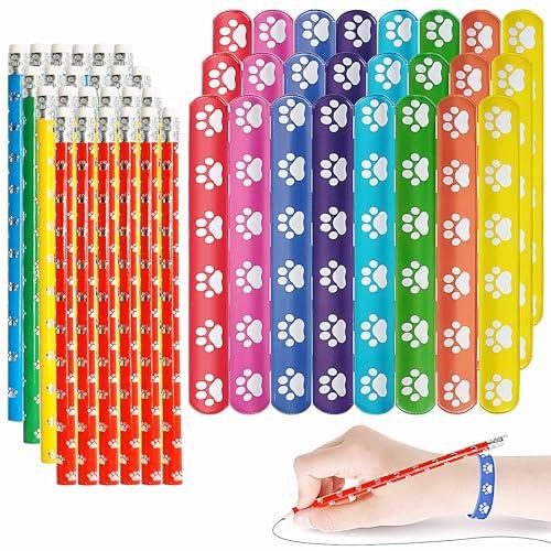 Daphilly 20Pcs Paw Print Pencils,and Rubber Paw Print Bracelets Set, 6 Paws Wooden Pencil 6 Silicone Stretch Wristbands for Students School Classroom Birthday Gifts Dog Party Favors