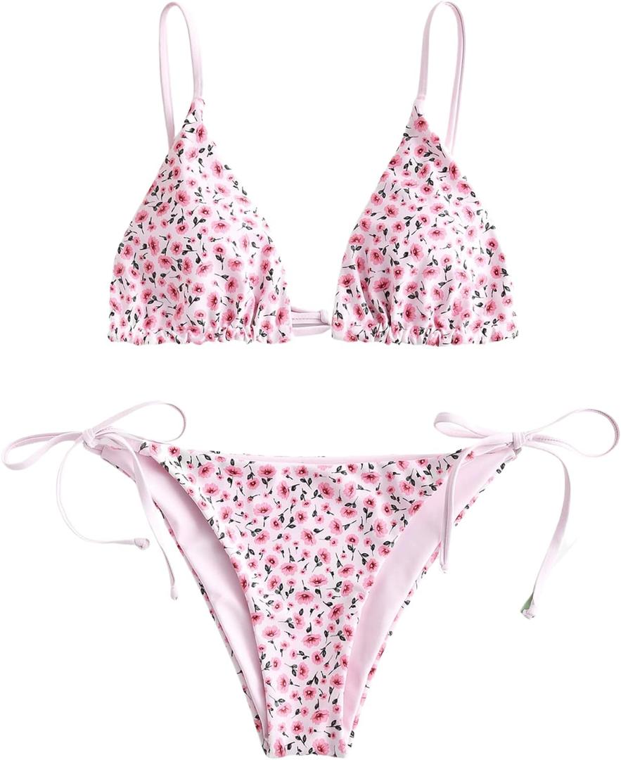 ZAFUL Women's Triangle Bikini Floral String Bikini Set Two Piece Swimsuit Bathing Suits (Medium, 2-Pig Pink)