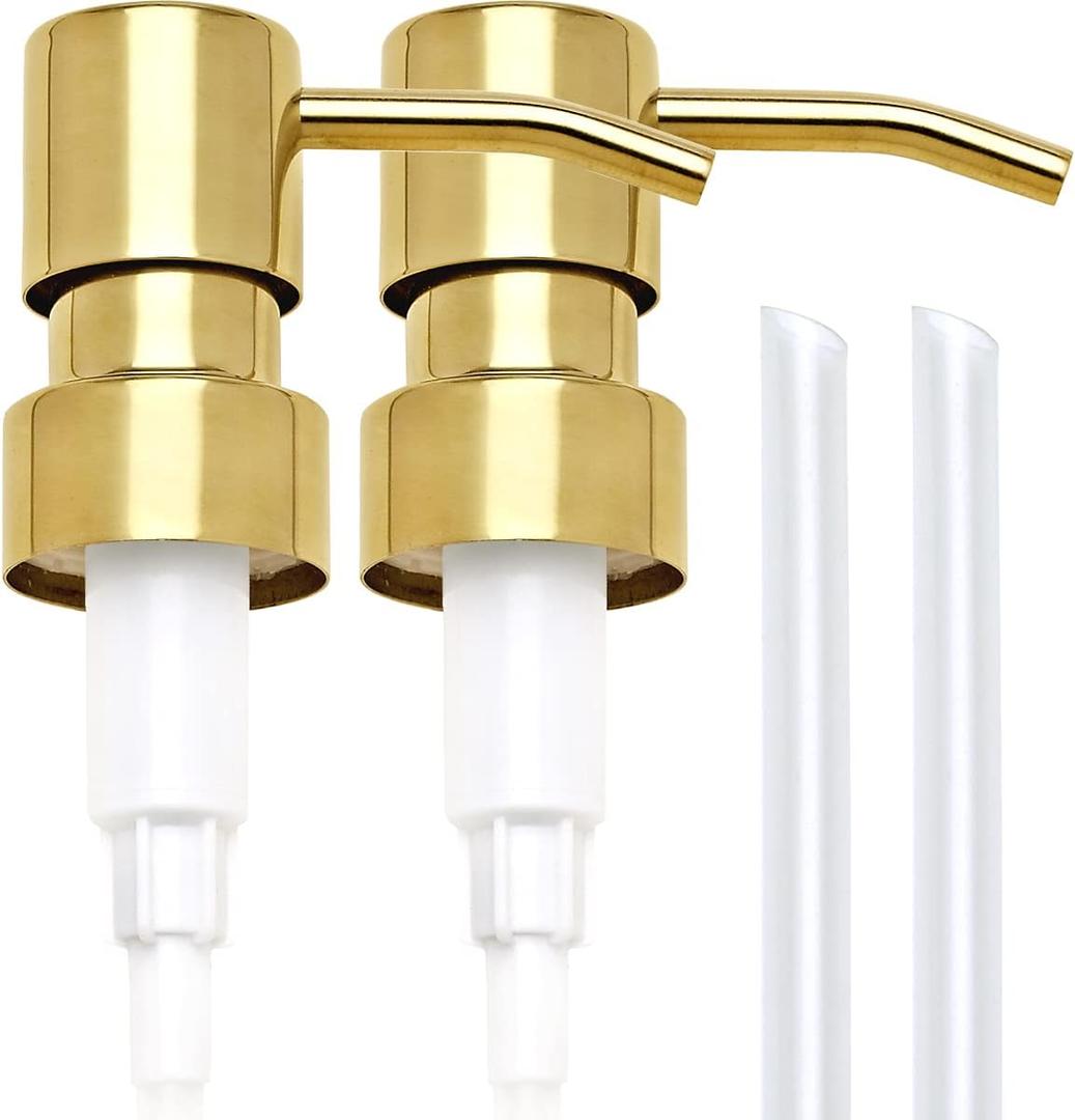 Gold Soap Dispenser Pump Replacement - 304 Stainless Steel Hand Liquid Soap and Lotion Dispenser Pumps Replacement for Regular Mouth Bottles, Standard 28/ 400 Neck Size, 2 Pack