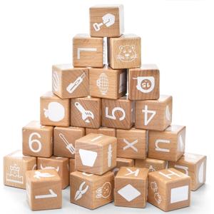 Peohud 26 PCS Wooden Alphabet Blocks, Cute ABC Building Blocks for Kids, Number Stacking Blocks, Preschool Educational Learning Toys with Shapes Objects on Every Side for Boys Girls