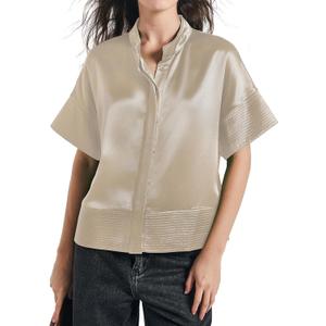 D-Sun Women's Casual Button Down Shirts Oversized Short Sleeve Stand Collar Tops Trendy Work Blouses (Beige, L)
