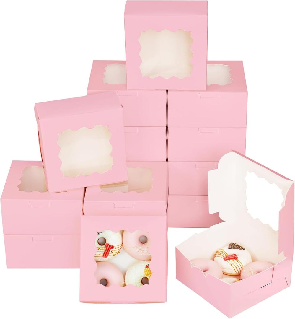 Bakepacker Pink 30-Packs Bakery Boxes with Window 6x6x3 inches Thick & Sturdy Macaroon Pastry Boxes Cookie Boxes for Bakerys