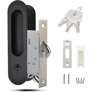 Pocket Door Lock Hardware with Key, Sliding Door Lock Invisible Recessed Handle Latch Pocket Door Lock for Bedroom, Kitchen, Barn Door (Black)