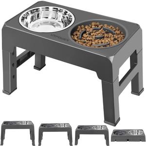URPOWER Raised Dog Bowls 4 Height Adjustable Elevated Bowl Stand with Stainless Steel Water Bowl Non-Slip Dog Food Bowls Stand for Small Medium Large Dogs and Pets, Gray