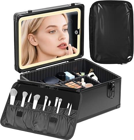 CHENGLIN Makeup Case with Lighted Mirror – Waterproof Travel Train Case, Cosmetic Organizer with Adjustable Dividers, Magnetic LED Mirror, Portable Makeup Suitcase for Women, Black