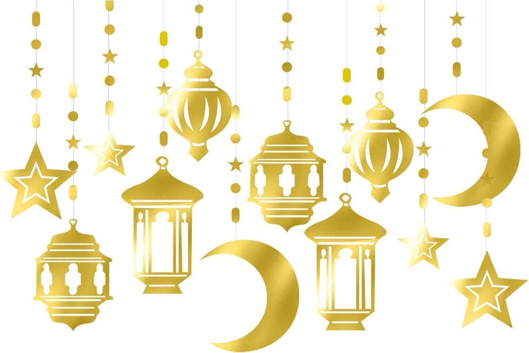 Gold Ramadan Star-Moon Party-Decorations Garland - 12pcs Twinkle Little Star Hanging Decoration Streamers Swirl Lantern, Eid Mubarak Birthday Wedding Party Banner Decor