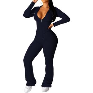 PINSV Women 2 Piece Outfits Workout Bodycon Tracksuit Long Sleeve Zip Up Hoodie Jacket Matching Flared Pants Sets (XX-Large, Dark Blue)