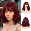 NAYOO Burgundy Wig with Bangs, 14 Inch Burgundy Bob Wig with Bangs for Women, Short Wavy Red Wigs, Red Curly Wigs for Costume Cosplay Halloween