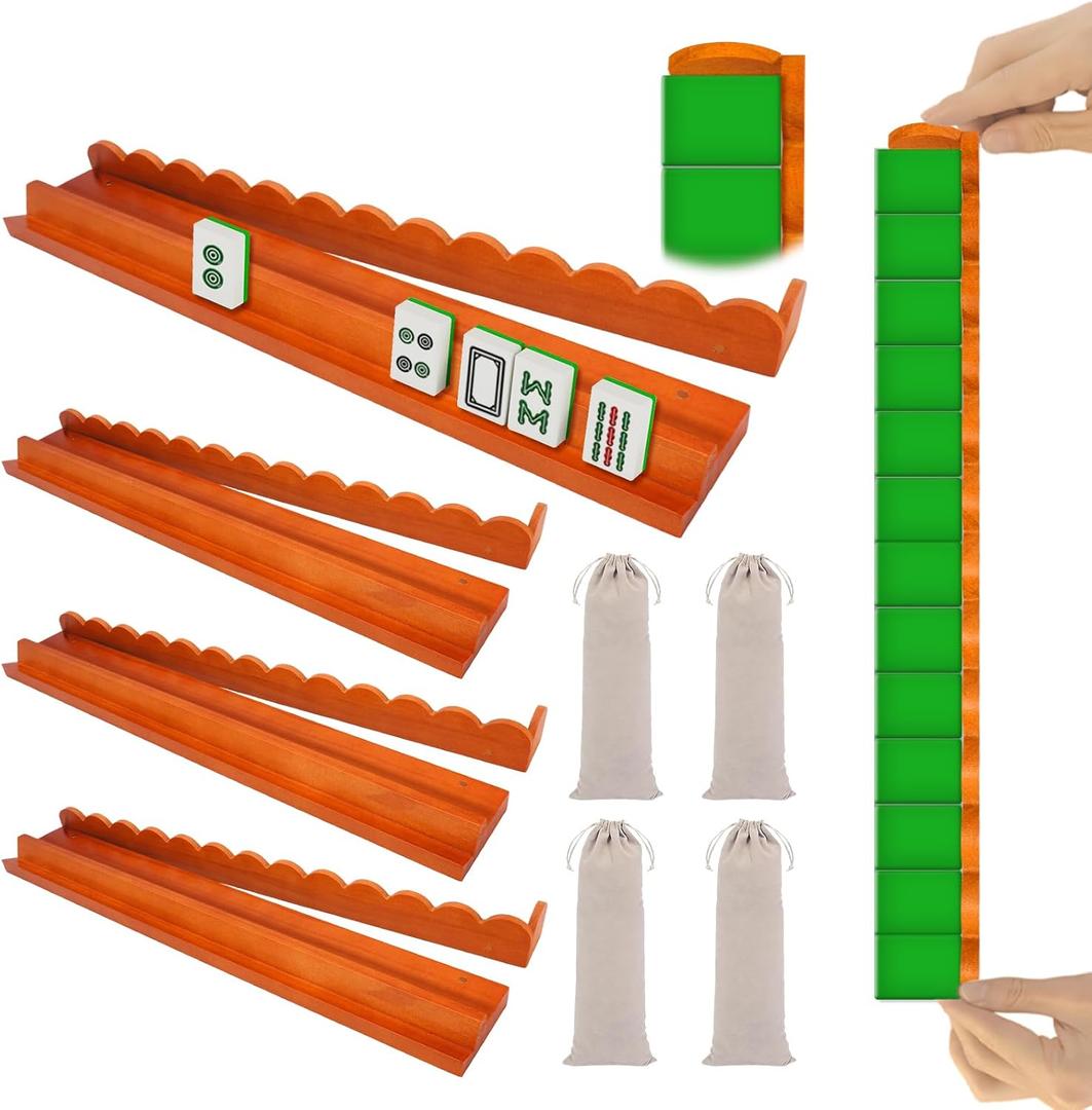 Upgraded Version,Mahjong Racks with Pushers,17 Inch,Wooden American Mahjong Tile Pushers and Racks Set of 4, with 4 Mahjong Racks Drawstring Bag, Mahjong Accessories(Brown)