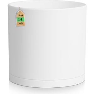 14 Inch Heavy-Duty Cylinder Deep Planter for Indoor Outdoor Plants, Tall Large Plastic Plant Pot with Drainage Holes and Saucer, Decorative Flower Pot for Patio Garden, White