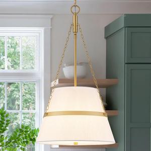 15.35" Gold Drum Chandelier, White Linen Pendant Light for Kitchen Island