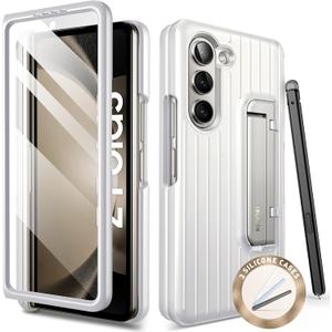 i-Blason for Samsung Galaxy Z Fold 5 Case (2023) with S Pen Holder & 3 Silicone S Pen Covers [Built-in Screen Protector] Full Body Protective Bumper Phone Case for Z Fold 5 with Kickstand (White)