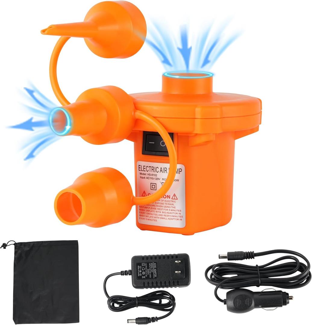 YIKEDA Portable Electric Pump Air Pump for Inflatables,Integrated Car and Home Use,110V AC/12V DC, 3 Nozzles,Quick in/Deflation for Outdoor Camping, Inflatable Mats, Swimming Circles