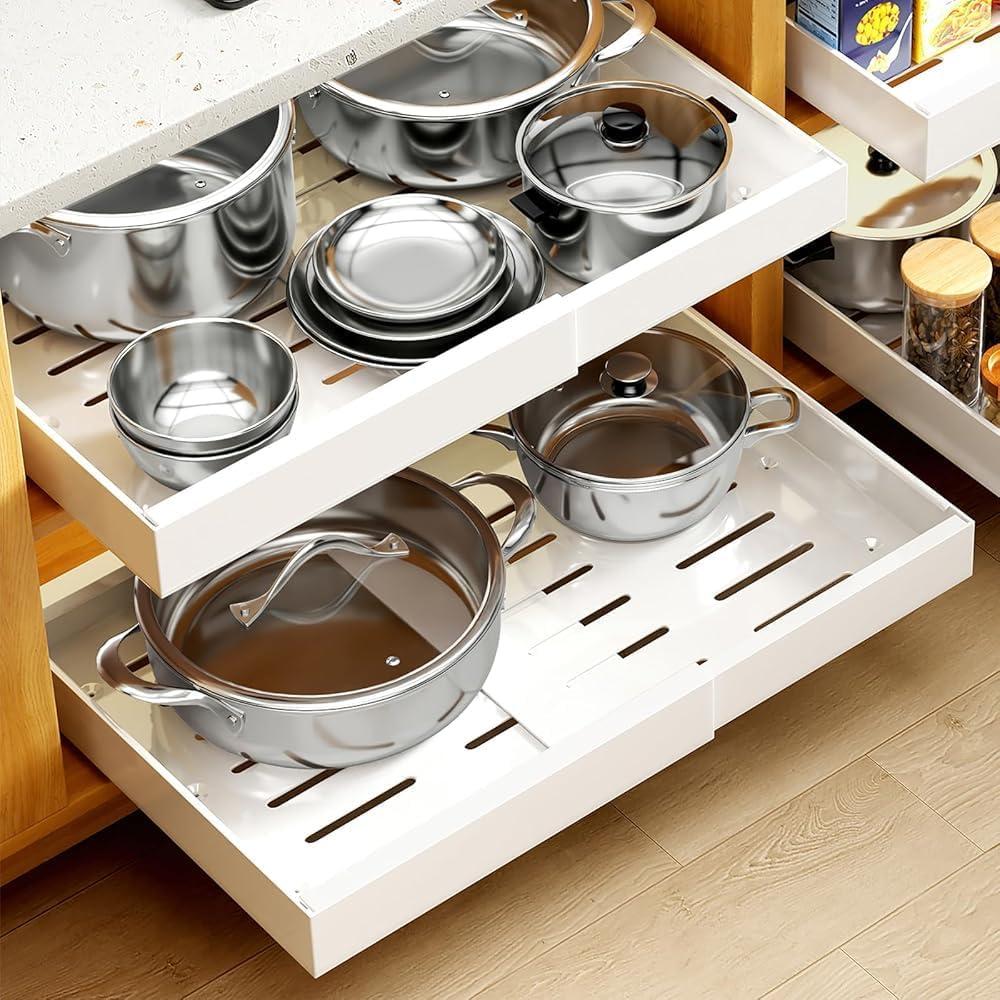 2Pack Expandable Pull Out Cabinet Organizer 21" Deep - Sliding Drawer Organizer Roll Out Shelves Adhesive - Adjustable Width 12.2"-20.47" W (White)