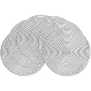 Floroom 15 Inch Round Braided Placemats Set of 6, Washable Heat Resistant Cotton Polyester Circle Place Mats for Kitchen Dining Table - Shimmer Silver