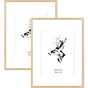 Yaetm 16x20 Picture Frame Matted to 11x14 Set of 2, Natural Solid Oak Wood Frame 16x20 for Photos, Posters & Art Prints, Horizontal and Vertical Wall Mount (2 pack, Oak)