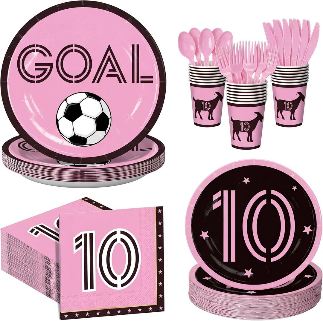 Havawish 350 Pcs 10th Soccer Birthday Party Decoration for Serves 50 Guests Pink Soccer 7" and 9" Plates Napkins Cup Knife Fork Spoon Disposable Tableware Set for Boys Girls Sports Birthday Party