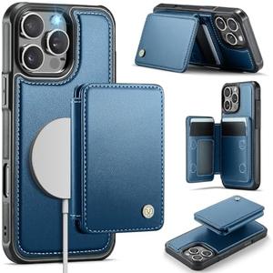 Usroom Compatible with Magsafe for iPhone 16 Pro Max Wallet Case Magnetic Card Holder, RFID Blocking 2 in 1 Detachable Kickstand Shockproof Case for Women Men, Blue