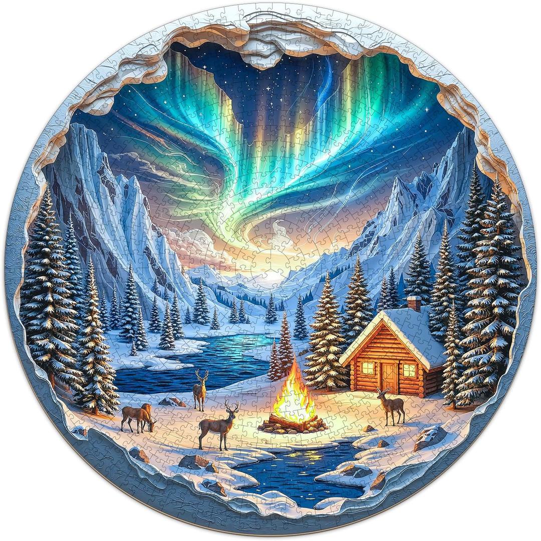 Northern Lights Puzzles for Adults 1000 Pieces, Winter Snow Scene Cabin Bonfire Jigsaw Puzzles 1000 Pieces for Adults, Fun Puzzles with Letters On Back, Challenging Game Toys (26.5 * 26.5in)