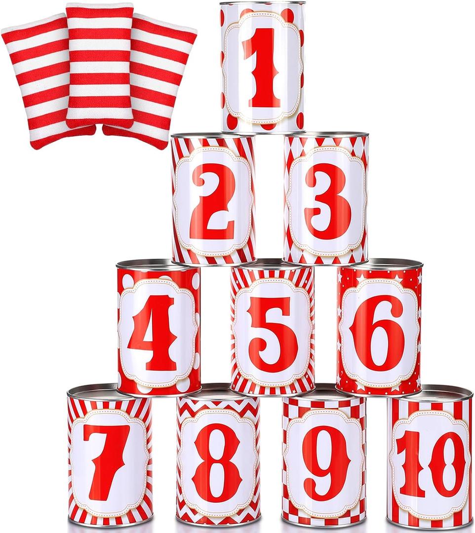 13 Pcs Carnival Can Game Bean Bag Toss Carnival Games with 10 Tin Cans and 3 Bean Bag for Easter Outdoor Family Party Birthday Indoors Outdoors Activities