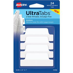 Avery Margin Ultra Tabs, 2.5" x 1", 2-Side Writable, White, 24 Repositionable Page Tabs (74789)