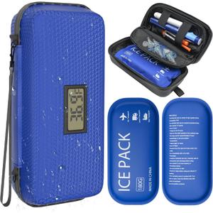 Insulin Cooler Travel Case TSA Approved Diabetic Medicine Cooling Bag with Digital Temperature Display, 2 Ice Pack (Blue)