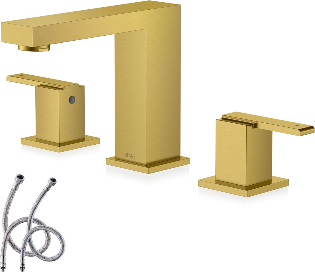 KENES Brushed Gold Widespread Bathroom Faucet 2 Handle, 3 Hole, Gold 8-Inch 3 Pieces Bathroom Vanity Lavatory Faucet with Supply Lines, KE-9050-4 (Widespread, Brushed Gold)