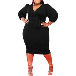 Ryehack Plus Size Dresses for Women Casual Long Lantern Sleeve V Neck Wrap Bodycon Midi Dress with Belt XL