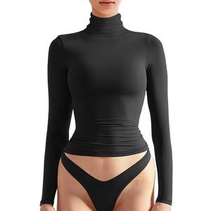 Women's Basic Turtleneck Long Sleeve Tee Shirts Casual Double Layering Going Out Slim Fit Stretchy Tops (Medium, Black)