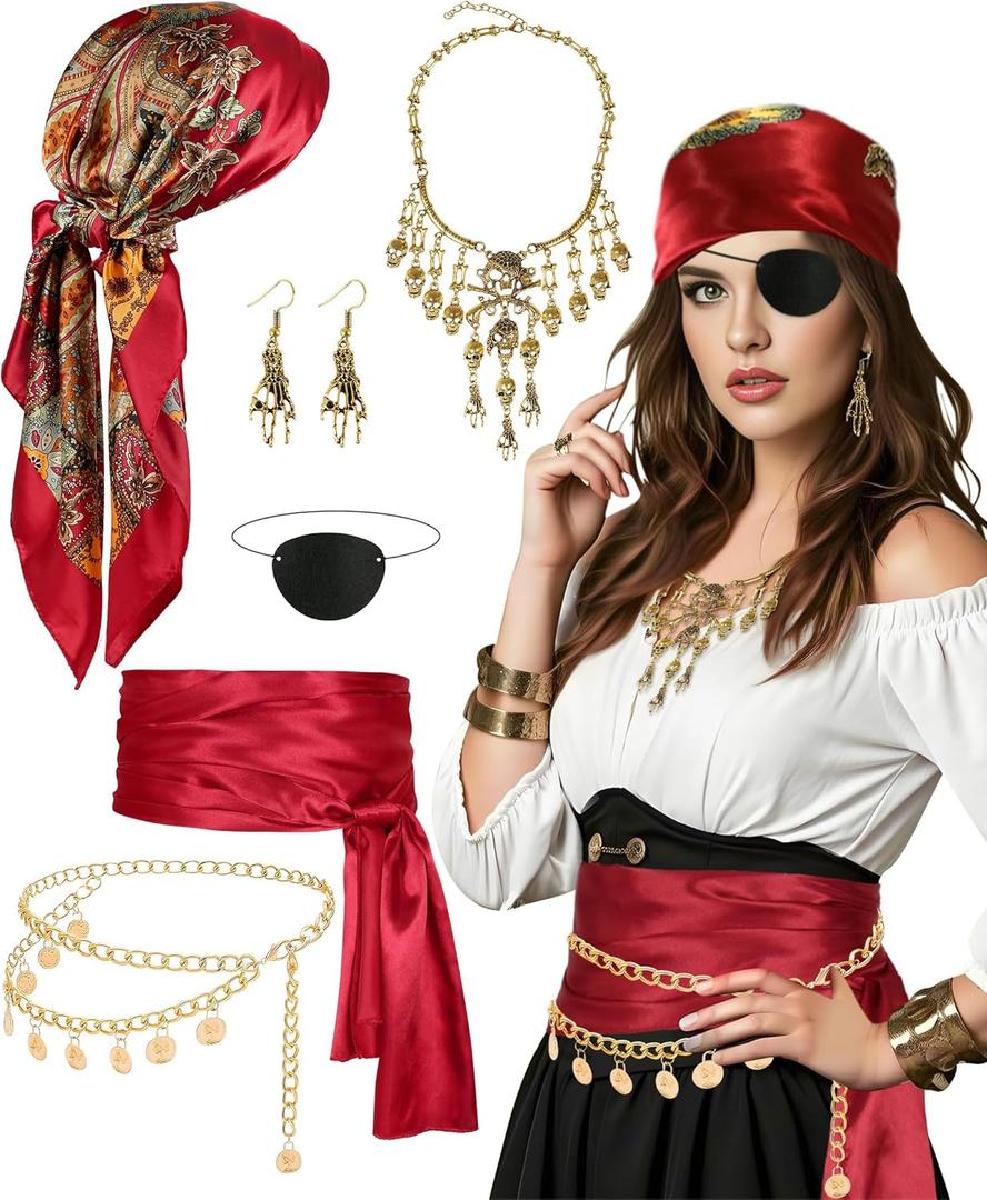 Pirate Costume Accessories Set for Women Men 6pcs Pirate Headscarf Sash Waist Chain Necklace Earrings