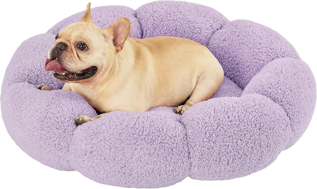 Lesure Calming Medium Dog Bed - Flower Donut Round Fluffy Puppy Bed in Plush Teddy Sherpa, Non-Slip Cute Flower Cat Beds for Indoor Cats, Medium Pet Bed Fits up to 45 lbs, Machine Washable, Purple 30"