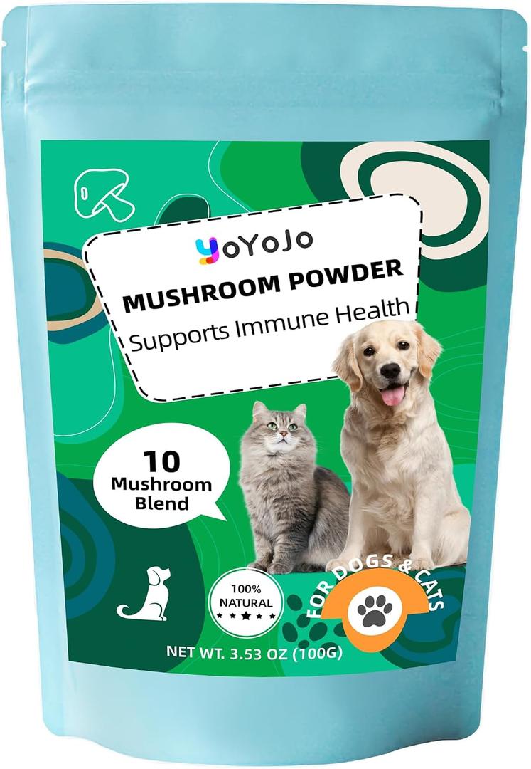 Mushrooms Extract Powder for Dogs & Cats - 10 Mushrooms Complex Pet Supplement for Immunity, Cellular Health, Cognition, Longevity - Lion's Mane, Turkey Tail, Reishi for Dogs & Cats - 3.53 oz / 100g