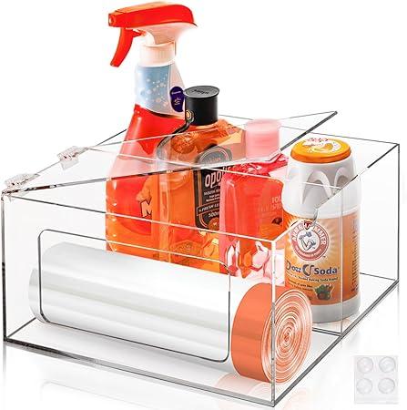 YIMITEE Acrylic Trash Bag Dispenser Holder, 2 in 1 Garbage Bag Roll Holder Under Sink, Standard Grocery Bags Storage Container with Lid, Laundry Storage Organizer Bin for Kitchen, Bathroom, Pantry
